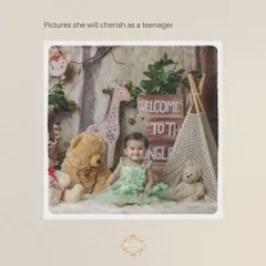 Welcome to the jungle. This collage shows a baby girl enjoying a jungle-themed first birthday shoot, complete with animal props and a leafy backdrop.