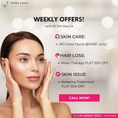 We regularly feature weekly offers on a mix of our services. This promotion included our MD Glow Facial, Mesotherapy for hair loss, and Melasma treatment, all at a significant discount for a limited time.