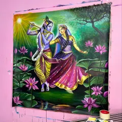 The finished 44x54 inch canvas of Radha and Krishna, displayed in my workspace. The vibrant colors and grand scale make it a powerful piece.