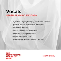 My ABRSM vocals training program is structured to meet international standards. It includes private lessons, online support, and term wise enrollment for all age groups, covering syllabi for both Singing and Musical Theatre.