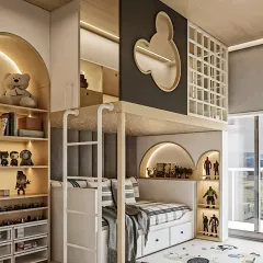 We love bringing imagination to life with themed bedrooms. This space features a custom loft bed with a playful Mickey Mouse motif, integrated shelving with arched nooks, and soft backlighting to create a magical and cozy atmosphere for any child.