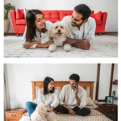 A collage of a cozy at-home session with Dinkan and his parents. These images show the variety of shots we can get in a lifestyle shoot, from playful moments on the floor to relaxed cuddles on the bed.