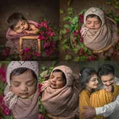 This collage shows the variety of poses and setups from a single newborn session, including close-ups, wrapped poses, and a beautiful family portrait.