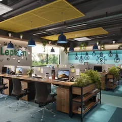 This is a design ideation for a modern office space. The concept combines a minimalist approach with a subtle color palette, using elements like suspended acoustic panels and hanging plants to create a productive and aesthetically pleasing environment.