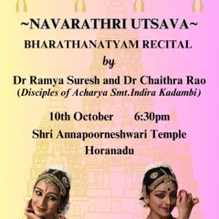 A poster for a Bharatanatyam recital during the Navarathri Utsava at Horanadu. I choreograph and perform pieces that are suited for traditional and temple festival settings.