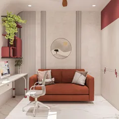 This work-from-home space combines a comfortable sofa with a sleek desk, creating a multi-functional room for both work and relaxation.