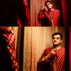 Getting ready shots of the groom. I used a mirror to create interesting compositions, capturing his reflection as he adjusts his traditional red and gold attire, building anticipation for the ceremony.