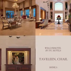 The arrival experience at ITC Tavleen, Chail. The collage shows the double-height lobby, the detailed reception desk, and the luxurious lounge area, all designed to make guests feel welcomed and impressed from the moment they step inside.