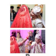 A playful and candid collage showing the bride and groom during their wedding ceremony, capturing their fun-loving interaction and joyful expressions.