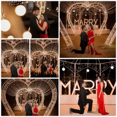 A magical proposal setup is one of my specialties. This collage showcases a surprise moment, complete with a "Marry Me" light installation and a heart-shaped arch of fairy lights, creating an unforgettable, romantic atmosphere.