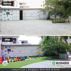 A powerful before-and-after of a preschool playground I transformed. I turned a barren concrete yard into a safe, joyful, and nature-filled space with child-safe artificial turf and colorful play equipment, creating a place where little explorers can thrive.