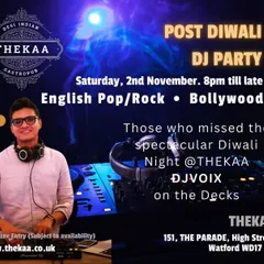 An event flyer for a post-Diwali DJ party at Thekaa Gastropub. I am experienced in curating playlists that blend English Pop and Rock with Bollywood hits to keep the festive energy going all night long.