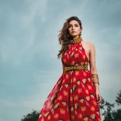 A low-angle shot against a bright blue sky, making the model in her vibrant red dress appear powerful and statuesque. This technique is great for creating heroic and memorable fashion images.