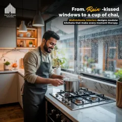 We design kitchens that make every moment feel like therapy. This beautiful space features a large window, marble-finish walls, and a sleek hob, perfect for enjoying a cup of chai on a rainy day.