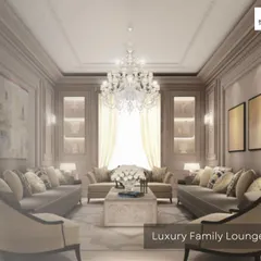 This luxury family lounge is designed for formal entertaining. It features classic wall molding, recessed display niches, and a magnificent crystal chandelier that serves as the room's centerpiece.