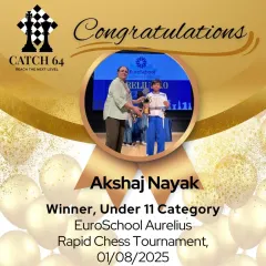 A round of applause for Akshaj Nayak, the winner in the Under 11 category at the EuroSchool Aurelius Rapid Chess Tournament. We celebrate every student's journey and tournament success.