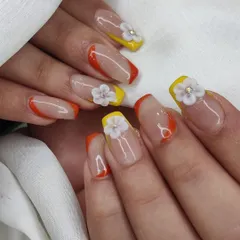 A close-up showcasing the detail of the 3D flower embellishments on this bright and cheerful nail set.