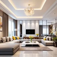 We designed this living area with a large, U-shaped sectional sofa to create a cozy and inclusive seating arrangement for the whole family. The coffered ceiling with integrated lighting and a modern chandelier adds architectural interest. Pops of yellow in the cushions bring a cheerful energy to the neutral color scheme.