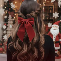 A ribbon bubble braid is a playful yet chic hairstyle for the holiday season. This look combines simple twists with a large velvet bow, creating a festive style that is perfect for Christmas parties.