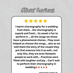 This client loved our superb and fresh choreography. The review mentions how we helped choose songs and put the couple's story into the dance, making the practices filled with laughter and joy.