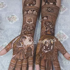 A full bridal design for a Teej celebration, featuring detailed portraits of a bride and groom, along with elephants and traditional Rajasthani architectural elements.