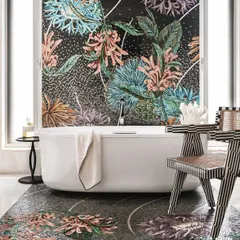 This bathroom is a celebration of art and luxury. The vibrant Sicis mosaic creates a stunning, continuous floral pattern that makes you feel like you are in a garden. It’s a bold design choice that turns the simple act of bathing into an extraordinary experience.