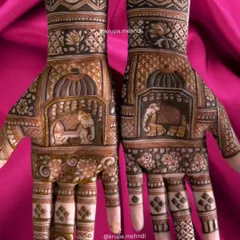 This design is inspired by the grandeur of royal Indian architecture. I created a scene with a majestic elephant within a palace jharokha, using a mix of fine lines and bold shading to give it depth. It’s a perfect example of a grand, symmetrical bridal design.