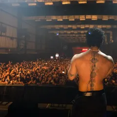 A moment of connection between artist and audience. Hanumankind looks out over a sea of fans, a powerful shot from one of his sold-out shows.