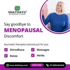 Menopause is a natural transition, but the discomfort doesn't have to be. This image shows our tailored Ayurvedic therapies, including Shirodhara, detox, massages, and herbal formulations, which are designed to manage symptoms like hot flashes and joint pain, helping you navigate this phase with ease.