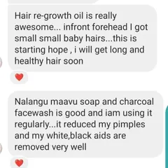 This message made my day. A customer noticed that my Nalangu Maavu soap and charcoal facewash helped reduce pimples and effectively removed whiteheads and blackheads, leading to clearer skin.