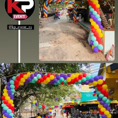 A collage showing a multi-colored balloon archway decoration for an outdoor food court or restaurant.