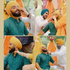 A collage from a Sikh groom's Haldi ceremony, known as the Vatna. It captures the fun and teasing as family members apply the turmeric paste.