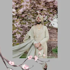 A stylish, graphic portrait of the groom, Gurtaj. The combination of a classic pose with modern design elements creates a unique and memorable image.