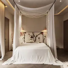 A series of renders for a dreamy, romantic bedroom. We visualized a four-poster bed draped in sheer fabric and fairy lights, creating a soft, ethereal, and inviting atmosphere from multiple angles.