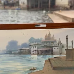 Another on location painting from Pushkar, this time showing the temple architecture against the water. The wooden frame gives it a classic feel.
