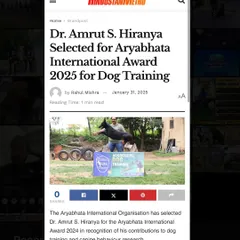 A proud moment being selected for the Aryabhatta International Award for my contributions to dog training and canine behavior research, as featured in the Hindustan Metro.