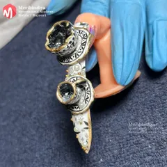 This angle showcases the full composition of the 3D royal teacup nail art, including the pearl embellishments and hand-painted monochrome patterns on the stiletto nail.