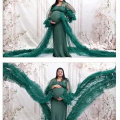 This two-shot collage shows the incredible versatility of our green tulle gown. We can create a classic, elegant standing portrait or a dramatic, artistic shot with the train flowing out like wings.