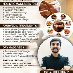 Here is a complete overview of the healing services I provide, all in the comfort of your home. From holistic oil massages like Ayurvedic and Deep Tissue to specialized Ayurvedic treatments for pain relief and dry massages like Acupressure, I tailor each session to your body's specific needs. My expertise also covers managing chronic conditions like sciatica and back pain.