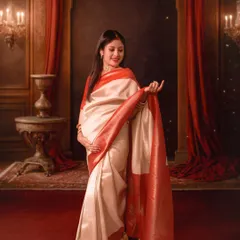 This portrait was designed to feel like a royal painting. The mom-to-be stands in a beautiful cream and red saree against a rich, vintage-inspired studio backdrop with warm candlelight and draped curtains.