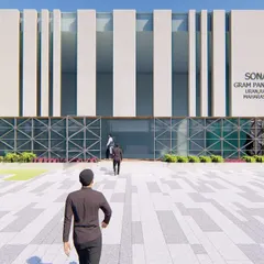 Our proposed design for the Sonari Grampanchayat office. We aimed for a modern and accessible public building with a strong, clean facade and a welcoming public plaza.