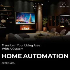 Let us help you transform your living area with a custom home automation experience. This visual represents a fully integrated space where the fireplace, television, and lighting all work in harmony to create a cozy and technologically advanced environment.