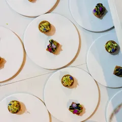 An overhead shot of canapés on individual plates, ready for service.