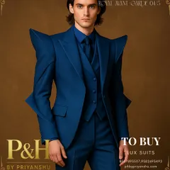 Presenting the shark-inspired suit in a deep, imperial blue. This full-length view captures the monochromatic power of the design, with its signature sculpted shoulders and impeccably tailored three-piece construction, crafted for a bold, futuristic statement.