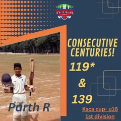 Another one of our players showing incredible form. Parth R hit consecutive centuries, including an unbeaten 119, in the KSCA Cup U-16 1st division. His skill and focus are an inspiration to us all.