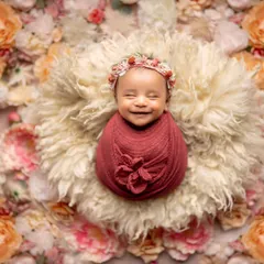 A smile in their sleep, dreaming sweet dreams. This smiling newborn, surrounded by a bed of flowers, is a truly magical moment captured forever.