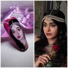This nail portrait of actress Adah Sharma, shown next to her photo, demonstrates how to capture a person's likeness and expression on a tiny canvas.