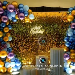 We bring the glam with this stunning birthday setup, featuring a gold shimmer wall, a custom neon sign, and a vibrant balloon arch. It’s the perfect backdrop for a stylish and memorable celebration.