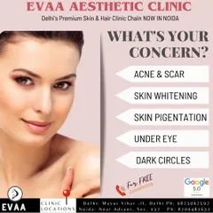 What's your concern? This graphic highlights our 5.0 Google rating and lists common issues we treat, including acne, scars, pigmentation, and dark circles.