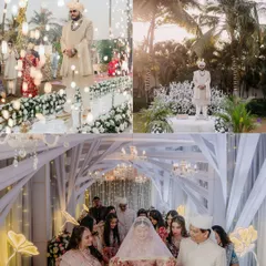 The groom's anticipation and the bride's grand entrance. This collage shows the beautiful setup and the emotional journey leading up to Vidhi and Harsh's varmala.